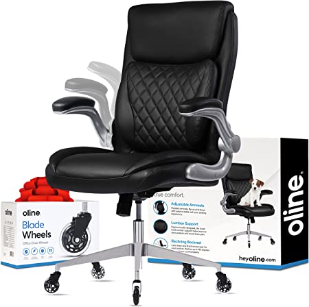 Photo 2 of Oline Ergonomic Executive Office Chair - Rolling Home Desk PU Leather Chair with Adjustable Armrests, 3D Lumbar Support and Blade Wheels - Computer Gaming Swivel Chairs (Black)