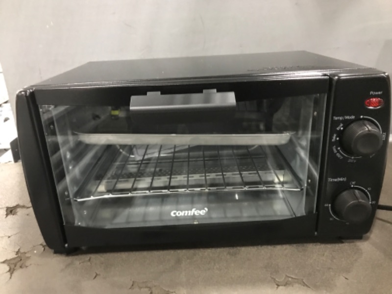 Photo 2 of COMFEE' 4 Slice Small Toaster Oven Countertop, Retro Compact Design, Multi-Function with 30-Minute Timer, Bake, Broil, Toast, 1000 Watts, 2-Rack Capacity, Black (CFO-BB101)