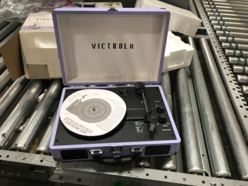 Photo 3 of Victrola Vintage 3-Speed Bluetooth Portable Suitcase Record Player with Built-in Speakers | Upgraded Turntable Audio Sound | Lavender (VSC-550BT-LVG) Lavender/Silver Record Player