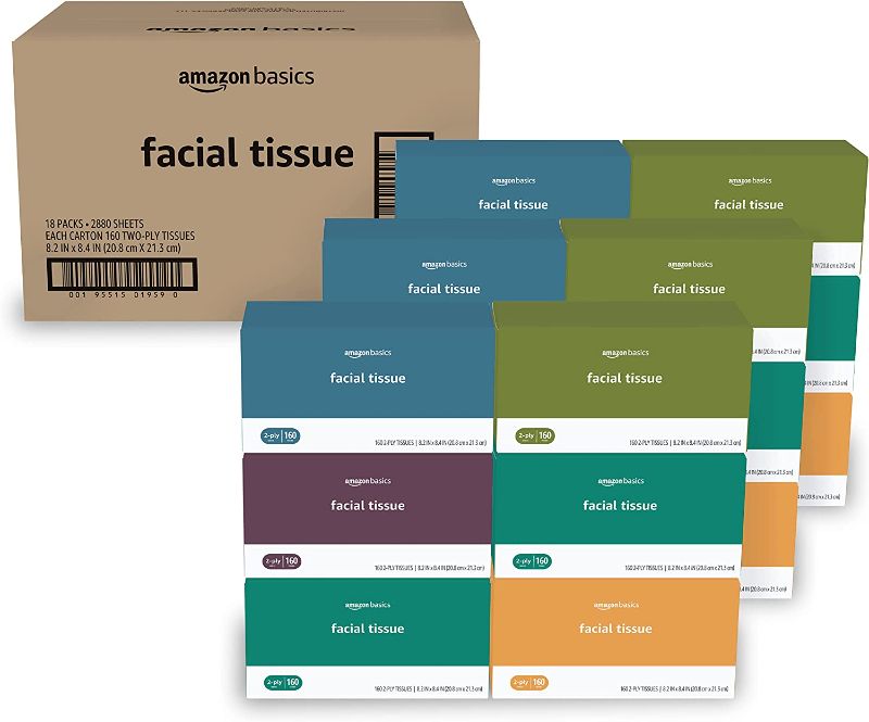 Photo 1 of Amazon Basics Facial Tissue, 160 Tissues per Box, 18 Flat Boxes (2880 Tissues total)