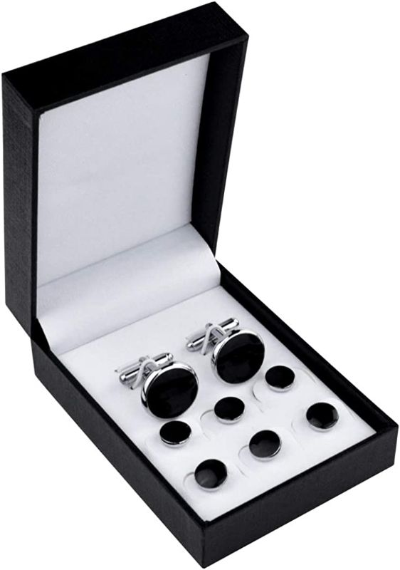 Photo 1 of Black Silver Tuxedo Studs and Cufflinks Set, Mens Cufflinks and Cuff Studs Set Cuff Links Stainless Steel Tux Buttons with Box for Tuxedo Shirts Wedding Business Gift