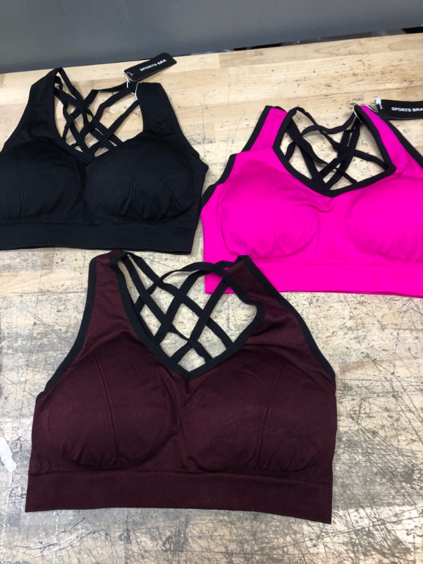 Photo 2 of Padded Strappy Sports Bras for Women - Activewear Tops for Yoga Running Fitness Pack of 3 Black Hotpink Burgundy Large