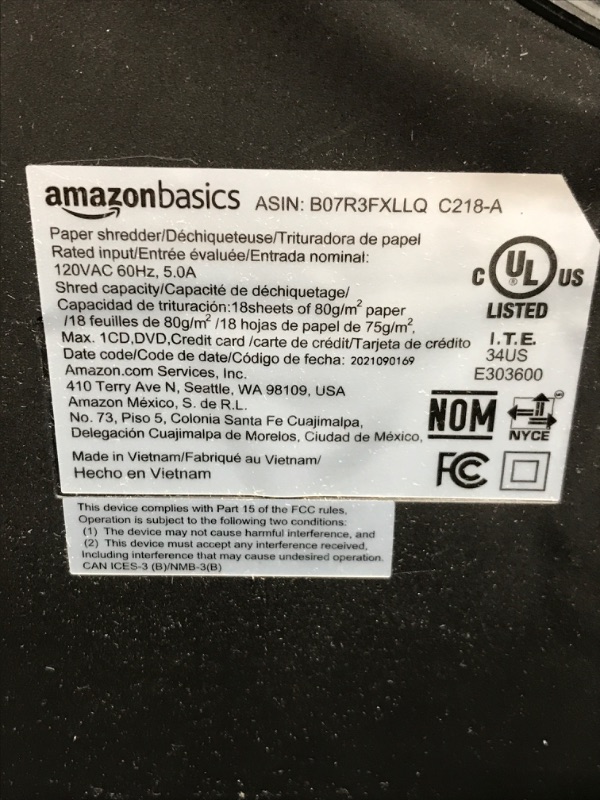 Photo 4 of PARTS ONLY NOT FUNCTIONAL Amazon Basics 18-Sheet Cross-Cut Paper, CD, and Credit Card Shredder, Black 18 Sheet Shredder