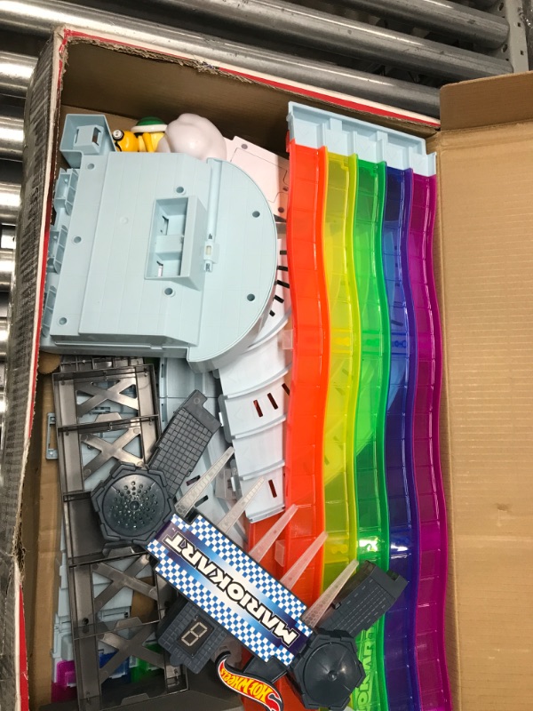 Photo 1 of Hot Wheels Mario Kart Rainbow Road Raceway 8-Foot Track Set with Lights & Sounds & 2 1:64 Scale Vehicles, Race with 5-Track Colorful Course with 2 Configurations, Toy Gift for Kids