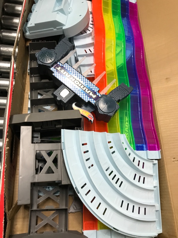 Photo 1 of Hot Wheels Mario Kart Rainbow Road Raceway 8-Foot Track Set with Lights & Sounds & 2 1:64 Scale Vehicles, Race with 5-Track Colorful Course with 2 Configurations, Toy Gift for Kids