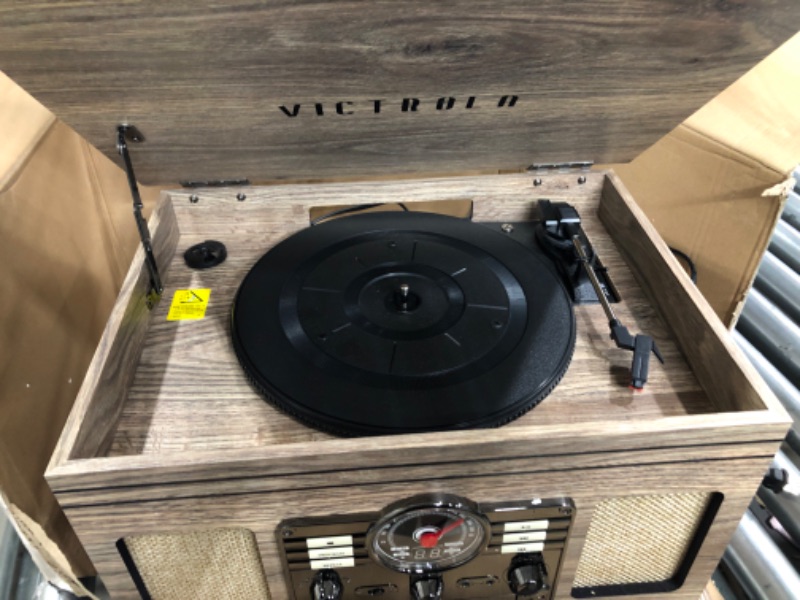 Photo 3 of Victrola Nostalgic 6-in-1 Bluetooth Record Player & Multimedia Center with Built-in Speakers - 3-Speed Turntable, CD & Cassette Player, AM/FM Radio | Wireless Music Streaming | Farmhouse Oatmeal Farmhouse Oatmeal Entertainment Center