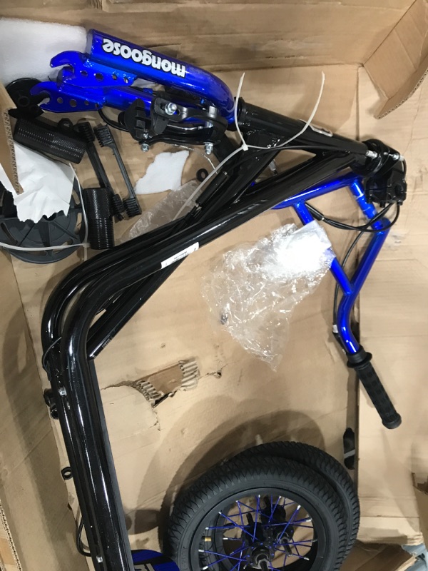 Photo 3 of ** MISSING PARTS** Mongoose Expo Youth Scooter, Front and Rear Caliper Brakes, Rear Axle Pegs, 12-Inch Inflatable Wheels, Non Electric Black/Blue