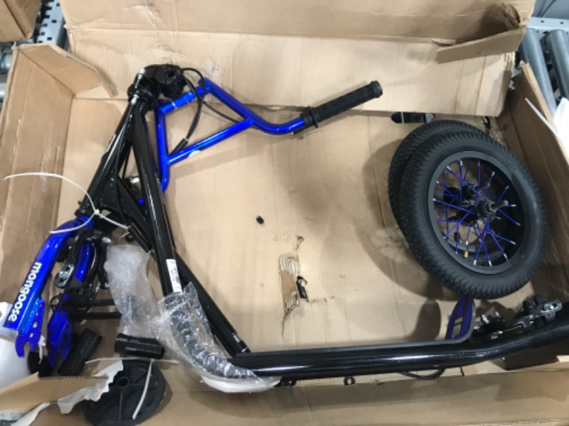 Photo 2 of ** MISSING PARTS** Mongoose Expo Youth Scooter, Front and Rear Caliper Brakes, Rear Axle Pegs, 12-Inch Inflatable Wheels, Non Electric Black/Blue