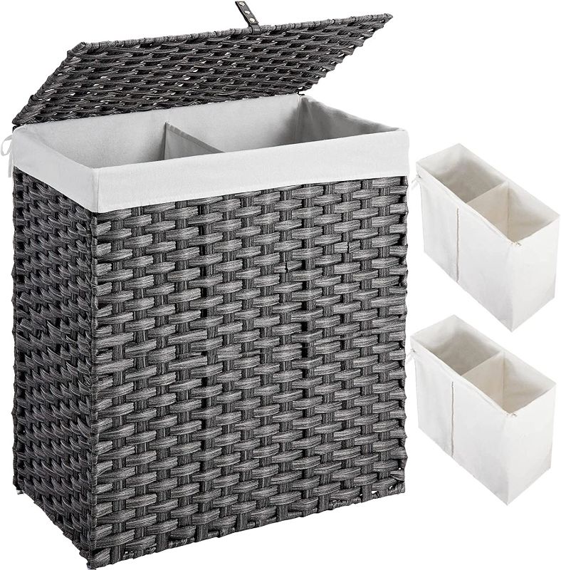 Photo 1 of **Missing parts** GREENSTELL Laundry Hamper with lid, No Install Needed, 110L Wicker Laundry Baskets Foldable 2 Removable Liner Bags, 2 Section Clothes Hamper Handwoven Synthetic Rattan Laundry Basket with Handles, Gray 22.2x13.3x24.0 Inches
