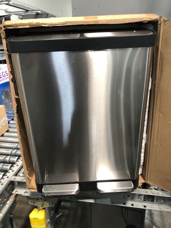 Photo 1 of iTouchless SoftStep 16 Gallon Step Trash Can & Recycle Bin with Activated Carbon Filter Deodorizers, Stainless Steel, 2 x 8 Gallon (30L) Removable Color-Coded Buckets, Soft Close and Airtight Seal Open Top, Dual 8 / 8(16 Gallon)