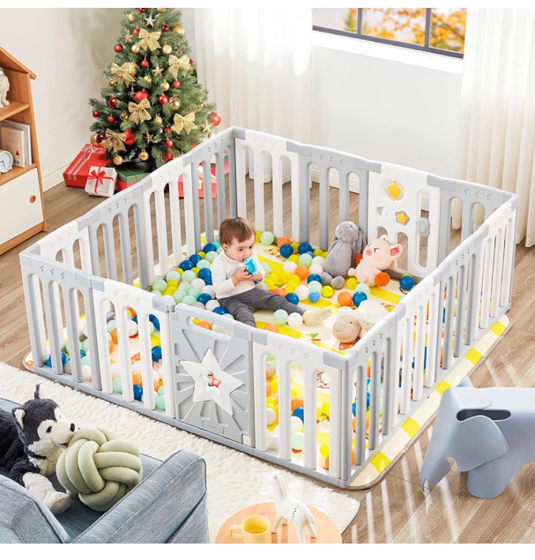 Photo 1 of Coolever Foldable Baby Playpen, Safety Baby Gate Playpen For Babies And Toddlers Sturdy And Immovable Baby Fence Play Area Activity Center Portable Design For Indoor Outdoor (Grey+White+Star 16 Panel)