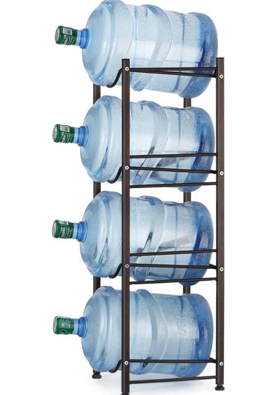 Photo 1 of Water Cooler Jug Rack 4-Tier Water Bottle Storage Rack 5 Gallon Jugs Water Detachable Heavy Duty Water Bottle Holder Shelf Save Spacer Easy to Assemble for Home Office Organization Copper Bronze