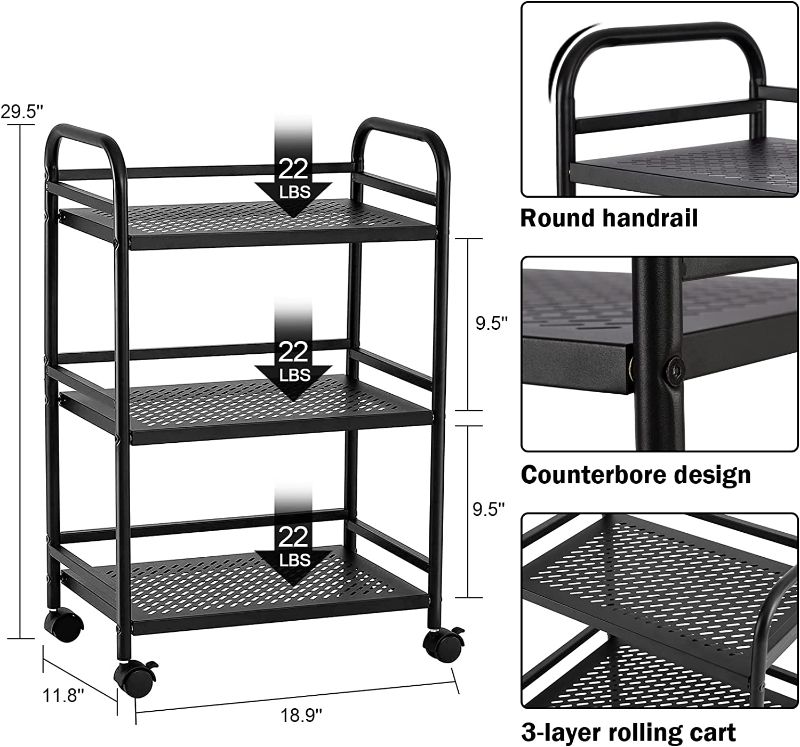 Photo 1 of (ALMOST LIKE NEW) 3-Tier Metal Utility Multipurpose Rolling Cart, Large Capacity Heavy Duty Cart with Lockable Wheels for Kitchen, Living Room, Office, Bathroom Storage Racks (BLACK)