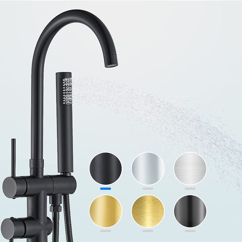 Photo 1 of (READ FULL POST) YAGATAP Freestanding Bathtub Faucet Floor Mount Tub Filler Matte Black High Flow Shower Faucets with Handheld Shower Mixer Taps Swivel Spout
