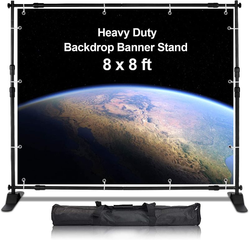 Photo 1 of AkTop 8x8 ft Heavy Duty Backdrop Banner Stand Kit, Adjustable Photography Step and Repeat Stand for Parties, Portable Trade Show Photo Booth Background with Carrying Bag
