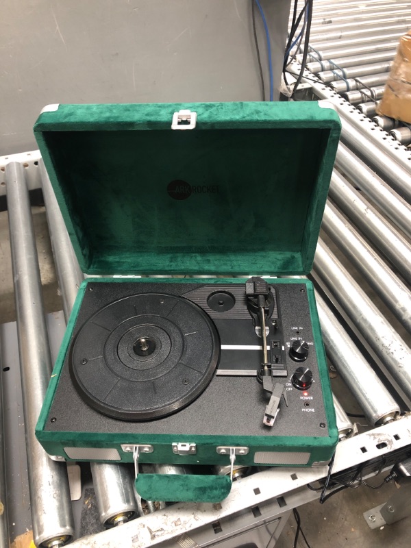 Photo 2 of Arkrocket Curiosity Bluetooth Turntable Retro Suitcase 3-Speed Record Player with Built-in Speakers (Dark Green Velvet)