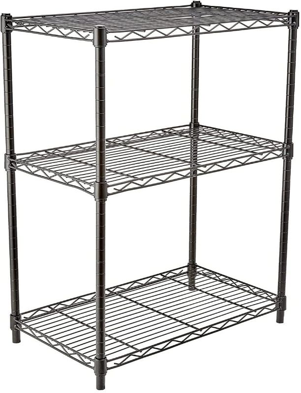 Photo 1 of **MISSING ONE LEG**
Amazon Basics 3-Shelf Adjustable, Heavy Duty Storage Shelving Unit Black (23.2L x 13.4W x 30H)
