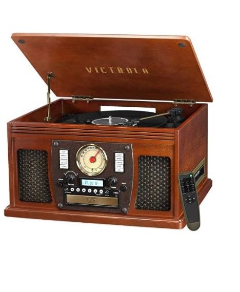 Photo 1 of Victrola Navigator 8-in-1 Classic Bluetooth Record Player with USB Encoding and 3-Speed Turntable Bundle with Victrola Wooden Stand for Wooden Music Centers with Record Holder Shelf, Mahogany