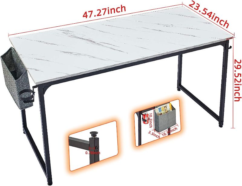 Photo 1 of Mr IRONSTONE Computer Desk 47" Home Office Writing Desk, Modern Simple Study Desk, Laptop Table with Storage Bag, Cup Holder and Headphone Hook (White Marble) 