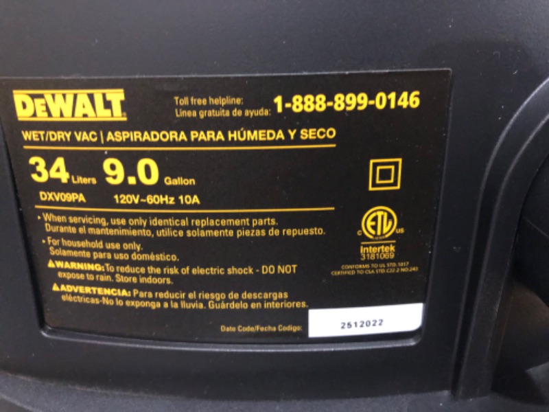 Photo 3 of DEWALT 9 Gallon Wet/Dry Vac, 5HP Heavy-Duty Shop Vacuum, Wet/Dry Suction Blow Function 3 in 1, DXV09P
