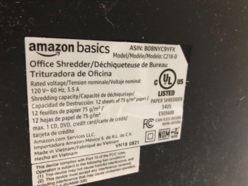 Photo 2 of "BIN FULL" DISPLAY DESPITE AN EMPTY BIN**Amazon Basics 12 Sheet Micro-Cut Paper,Credit Card and CD Shredder for Office/Home 