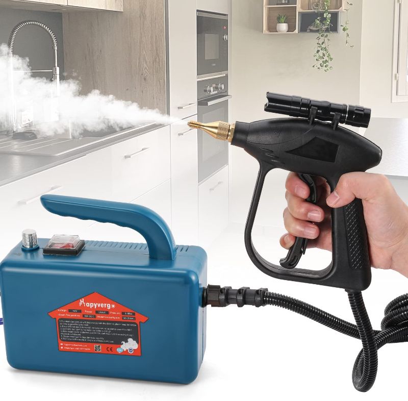 Photo 1 of *Powers On* Hapyvergo High Pressure Steam Cleaner, 1700W Handheld High Temp Portable Cleaning Machine, Tankless for Home Use Grout Tile Car Detailing Kitchen Bathroom (Blue, 110V)
