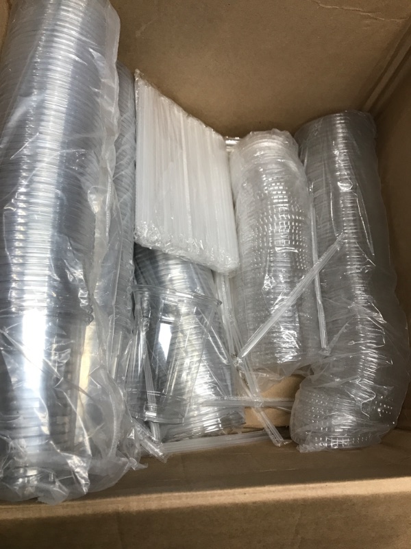 Photo 2 of *Some Opened-New* [200 Sets- 16 Oz Clear Plastic Cups with Flat Lids and Straws] PET Crystal Clear Cups with Lids and Straws, Togo Cups for Cold Drink Iced Coffee Juice Smoothie, Clear Disposable Cup with Lid and Straw
