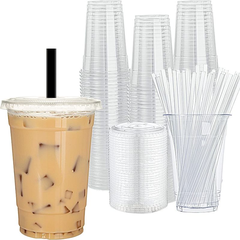 Photo 1 of *Some Opened-New* [200 Sets- 16 Oz Clear Plastic Cups with Flat Lids and Straws] PET Crystal Clear Cups with Lids and Straws, Togo Cups for Cold Drink Iced Coffee Juice Smoothie, Clear Disposable Cup with Lid and Straw
