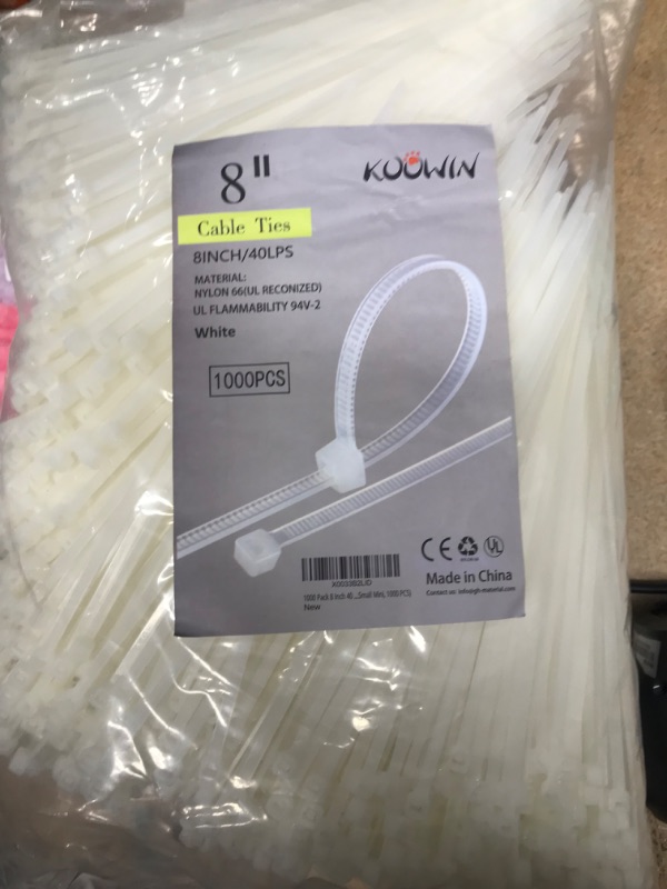 Photo 2 of 1000 Pack 8 Inch Bulk KOOWIN Nylon Plastic Cable Zip Ties Medium Wire Wraps White
