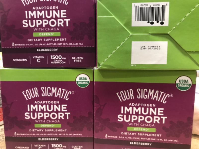 Photo 2 of **EXPIRATIOND DATE: 01/2023** 
4 PACK 
Adaptogen Immune Support Shot by Four Sigmatic | Caffeine Free, Vegan Chaga Mushroom Shot | Organic Vitamin C Drink | Elderberry Shot for Immune System Support, Stamina and Endurance Aid | 6 Count

