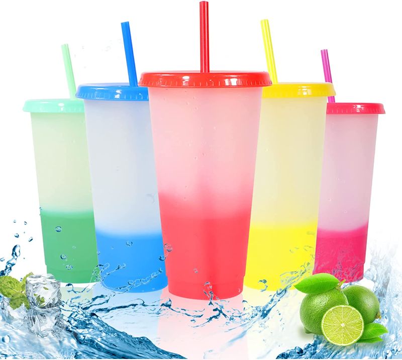 Photo 1 of 24oz Color Changing Cups With Lids and Straws, Reusable Plastic Tumbler Cups for Kids
