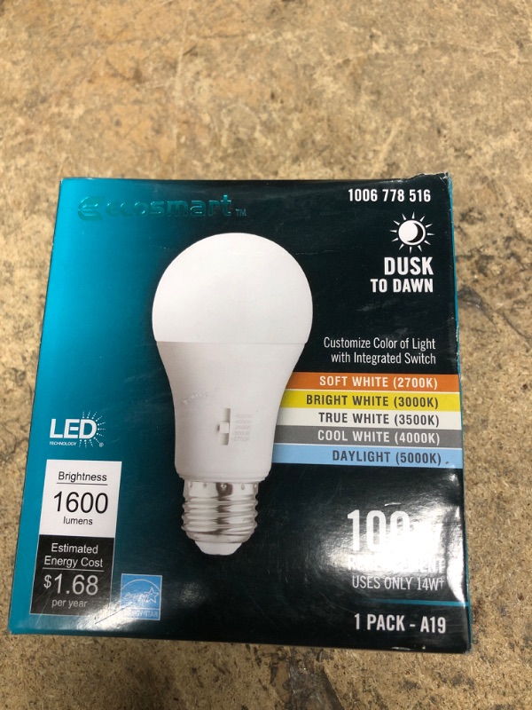 Photo 2 of 100-Watt Equivalent A19 Dimmable CEC Dusk to Dawn LED Light Bulb with Selectable Color Temperature (1-Pack)