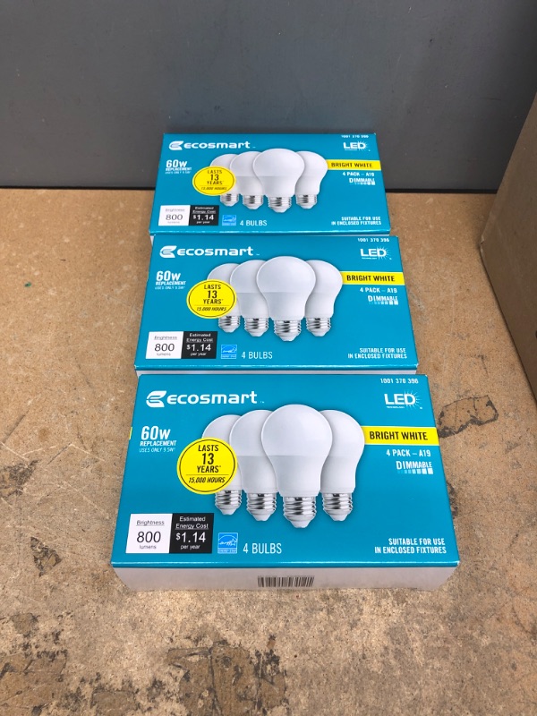 Photo 2 of "LIGHT BUNDLE, 3 ITEM'S" LED TECHNOLOGY EcoSmart 60-Watt Equivalent A19 Dimmable Energy Star LED Light Bulb Bright White (4-Pack)