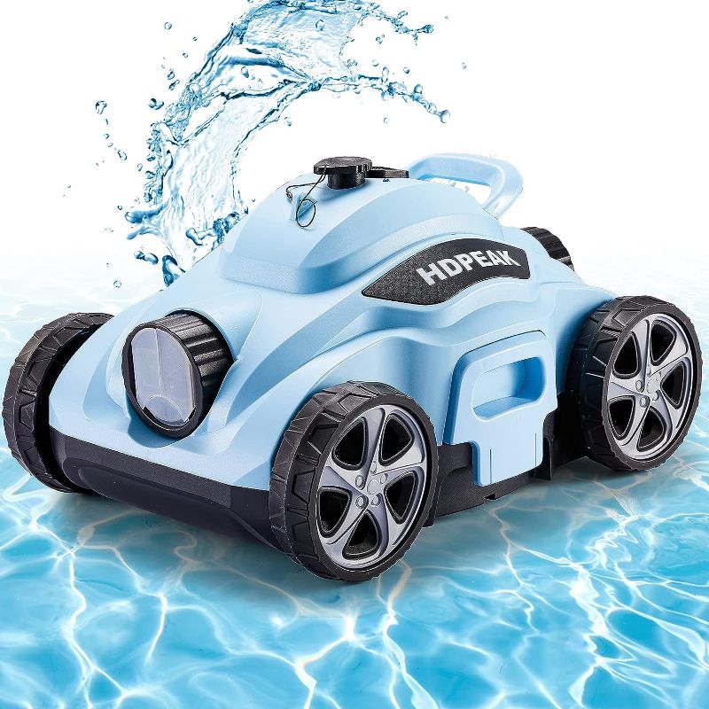 Photo 1 of Cordless Robotic Pool Cleaner, HDPEAK Pool Vacuum Lasts 110 Mins, Auto-Parking, Rechargeable, Automatic Cordless Pool Vacuum Ideal for Above/In-Ground Pools Up to 50 feet, Blue
