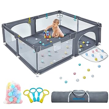 Photo 1 of Baby Playpen, 78" x 62" x 26" Playpen for Babies and Toddlers, Indoor & Outdoor Kids Activity Center, Sturdy Safety Play Yard with Soft Breathable Mesh, Dark Grey (Including 50 Ocean Balls)