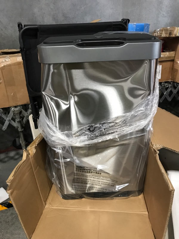 Photo 2 of * see images for damage *
EKO Mirage-T 50 Liter / 13.2 Gallon Touchless Rectangular Motion Sensor Trash Can, Brushed Stainless Steel Finish