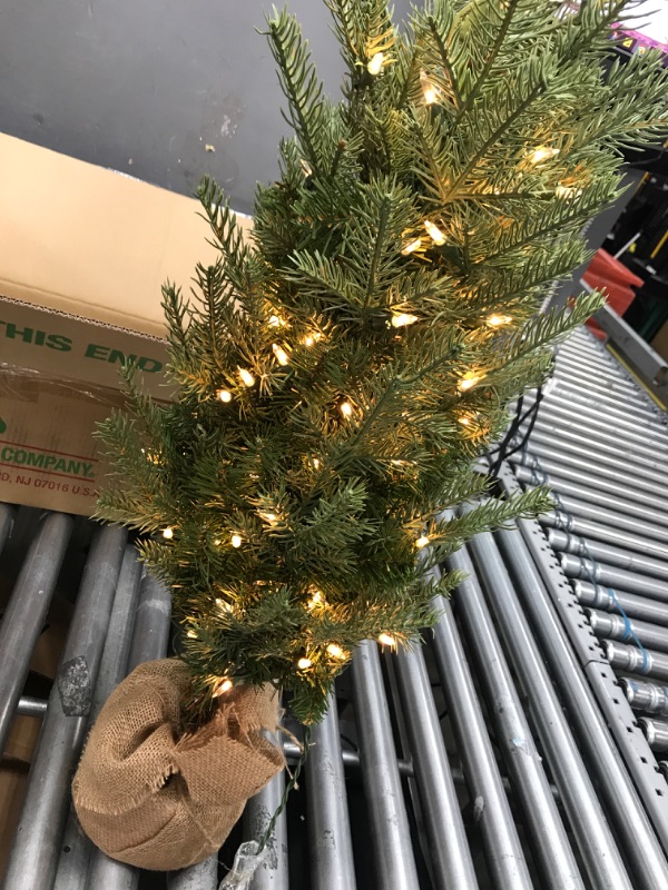 Photo 2 of *NEW* National Tree Company Pre-Lit 'Feel Real' Artificial Mini Christmas Tree, Green, Nordic Spruce, White Lights, Includes Burlap Bag Base, 3 Feet 3 ft Tree