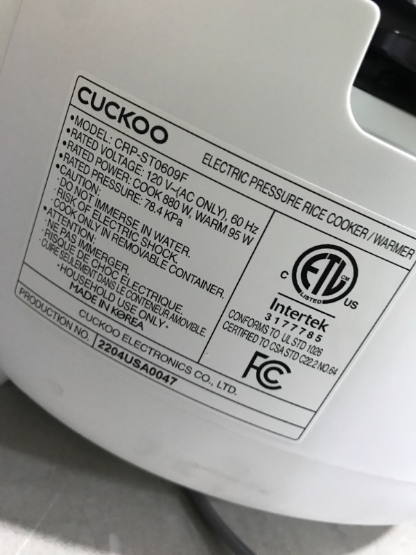 Photo 4 of * tested * item powers on * unable to test further *
CUCKOO CRP-ST0609F | 6-Cup (Uncooked) Twin Pressure Rice Cooker & Warmer | 12 Menu Options: High/Non-Pressure Steam & More