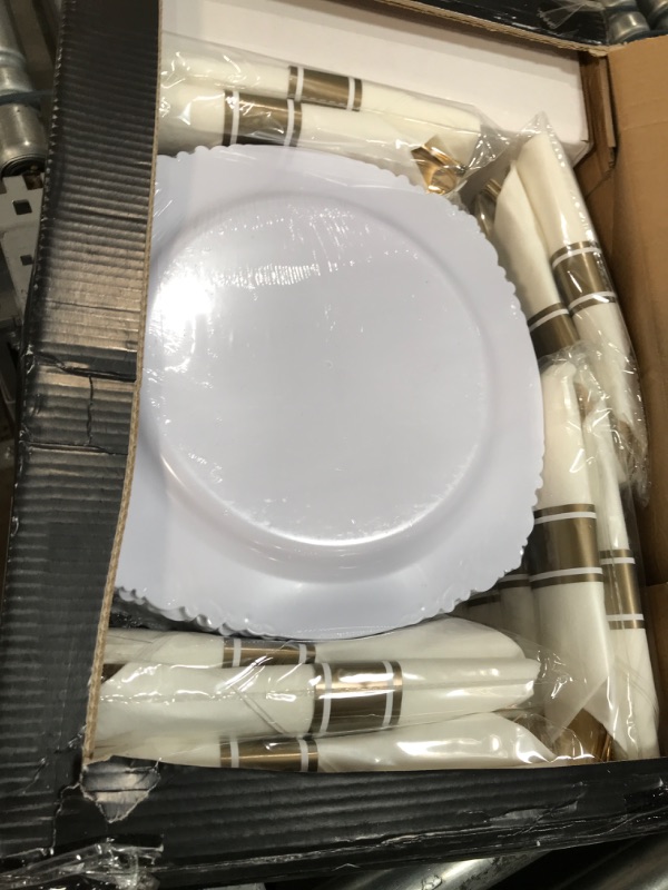 Photo 2 of  350PCS White and Gold Plastic Plates & Pre Rolled Napkins with Plastic Cutlery for 50 Guests-Gold Disposable Plates, 150 Gold Plastic Silverware, 50Cups, 50Napkins for Party & Wedding