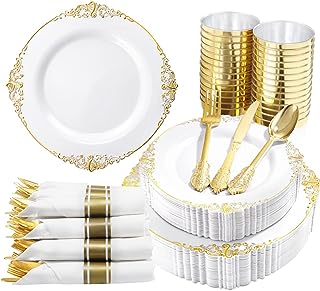 Photo 1 of  350PCS White and Gold Plastic Plates & Pre Rolled Napkins with Plastic Cutlery for 50 Guests-Gold Disposable Plates, 150 Gold Plastic Silverware, 50Cups, 50Napkins for Party & Wedding