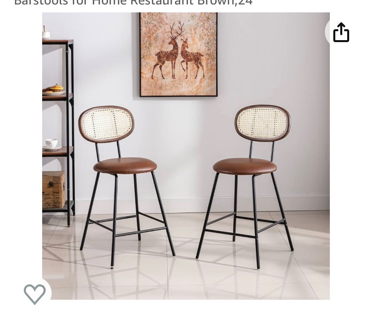 Photo 1 of 1 Chair Only******Counter Stools Rattan Back Dining Chair, Indoor Faux Leather Bar Stools Set of 2, Armless Dining Chairs with Rattan Backrest Metal Legs, Modern Counter Height Barstools for Home Restaurant Brown,24"