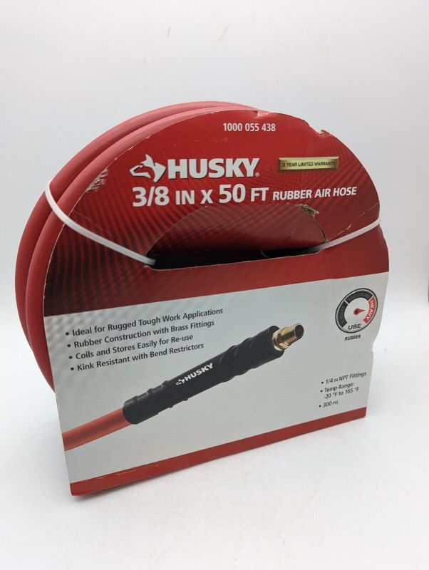 Photo 1 of Husky 3/8 in. X 50 Ft. Rubber Air Hose - Heavy Duty - Red - 1/4" Fittings
