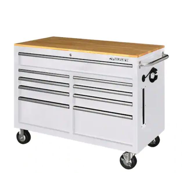 Photo 1 of Husky 46 in. W x 24.5 in D Standard Duty 9-Drawer Mobile Workbench Tool Chest with Solid Wood Top in Gloss White