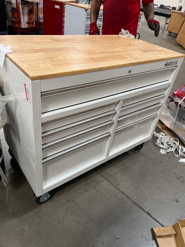 Photo 7 of Husky 46 in. W x 24.5 in D Standard Duty 9-Drawer Mobile Workbench Tool Chest with Solid Wood Top in Gloss White