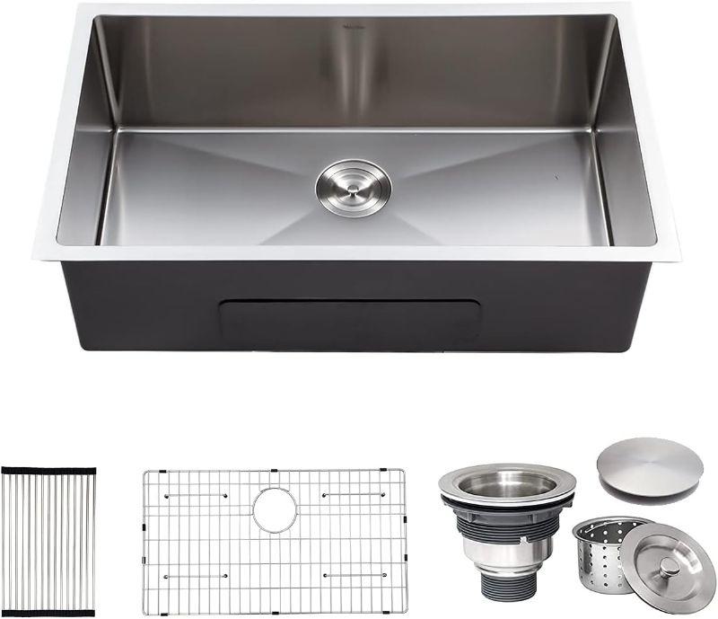 Photo 1 of 30 inch Undermount Sink - Mocoloo 30x18 kitchen Sink 16 Gauge Stainless Steel Round Corner 10 inch deep Single Bowl Kitchen Sink with Basket Drain Strainer and Dish Grid, Brush Finish
