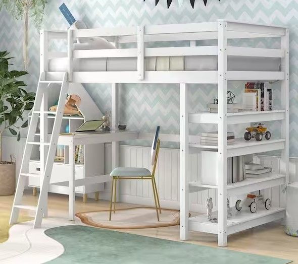 Photo 1 of ***BOX  2 OF 2***Twin Size Wood White Loft Bed with Desk, Ladder, Loft Beds with Storage Shelves, Wood Loft Bed Frame for Bedroom, Kids-- INCOMPLETE 
