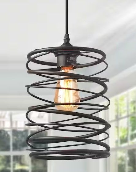 Photo 1 of 1-Light Industrial Farmhouse Bronze Pendant Geometric Lantern Cage Drum Island Pendant Light with Spiral Metal
