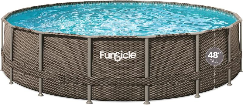 Photo 1 of *5 out of 5 boxes* Funsicle 18ft x 48in Round Oasis Designer Above Ground Pool, Dark Double Rattan with SkimmerPlus Filter Pump & Ladder
