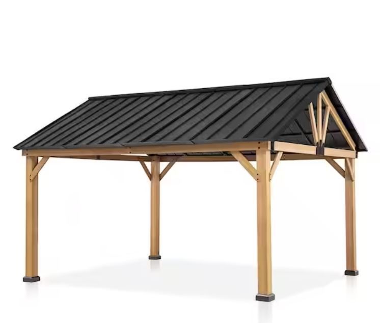 Photo 1 of 13 ft. x 11 ft. Spruce Wood Frame Hardtop Outdoor Patio Gazebo with Galvanized Steel Roof and Ceiling Hook
