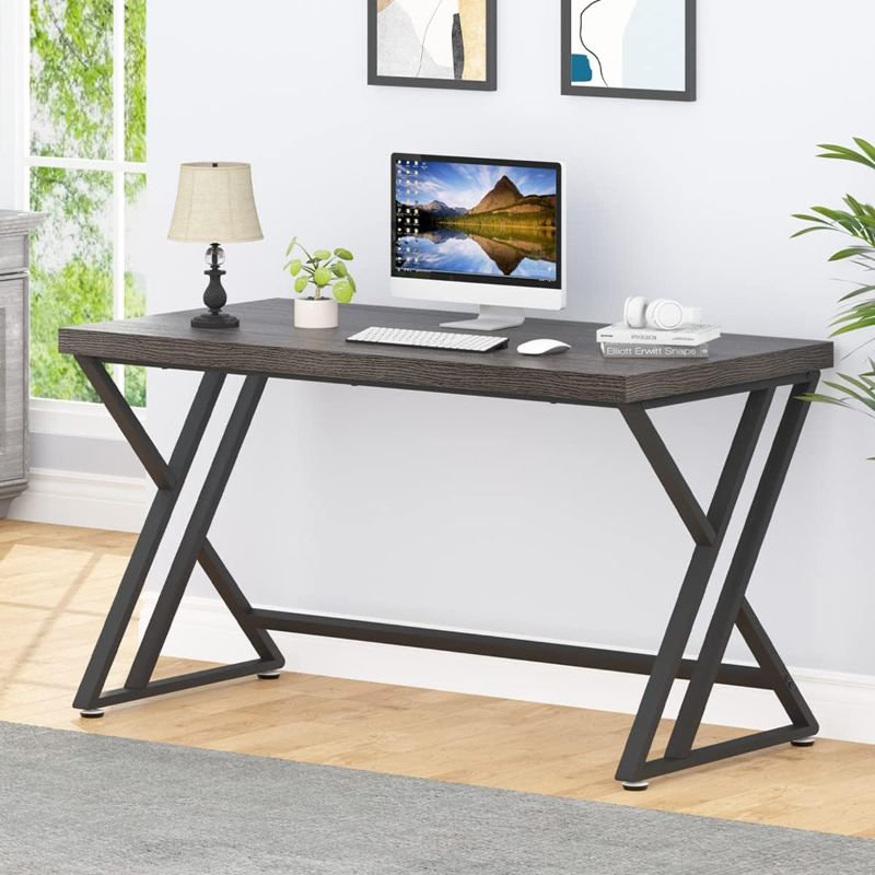 Photo 1 of *COLOR MAY VARY** LVB Modern Computer Desk, Industrial Home Office Desk with Storage, Metal Wood Writing Study Computer Table for Bedroom, Farmhouse Executive Simple Gaming Work Desk for Student, Dark Gray Oak, 60 Inch